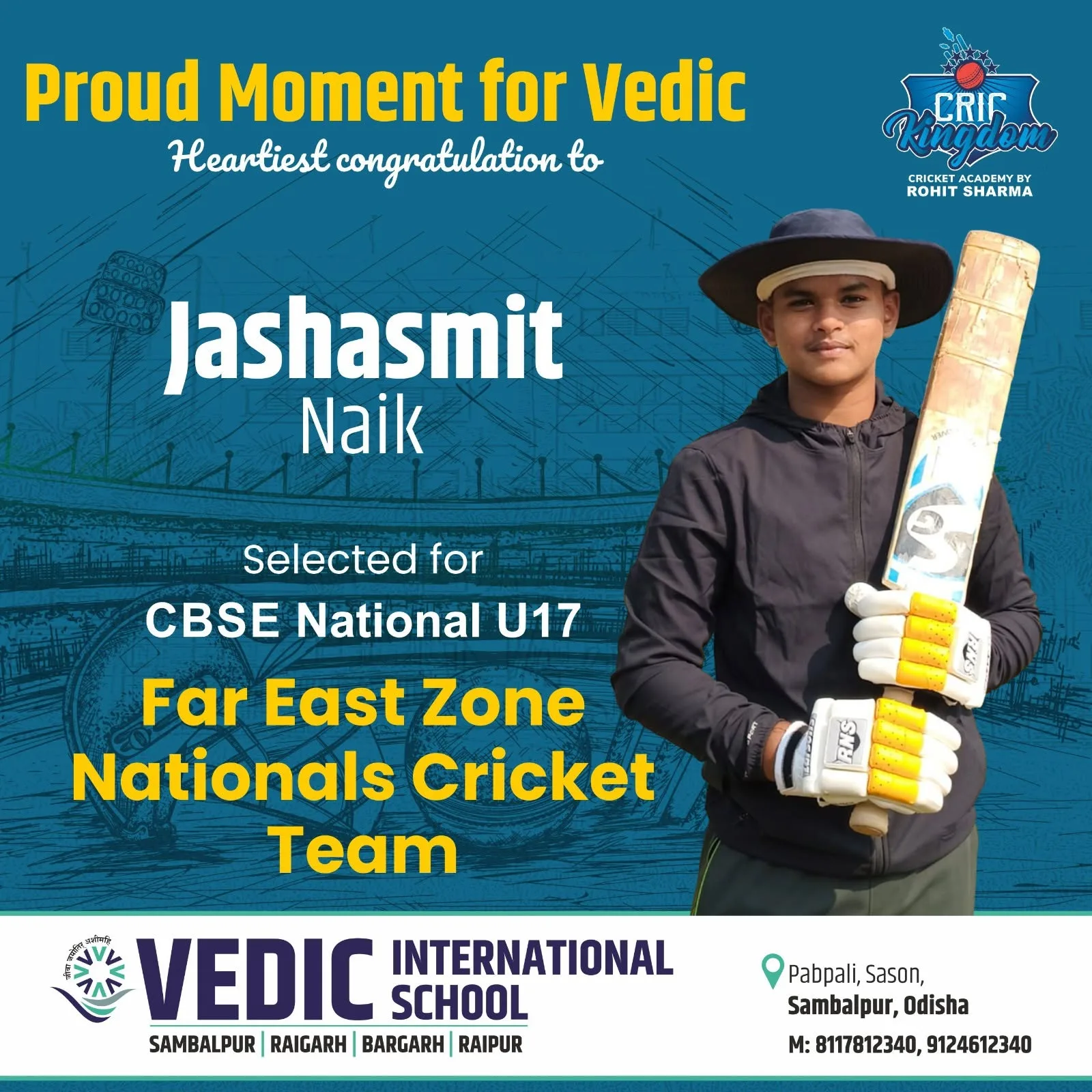 Vedician selected for the 𝐂𝐁𝐒𝐄 𝐍𝐚𝐭𝐢𝐨𝐧𝐚𝐥 𝐔-𝟏𝟕 𝐅𝐚𝐫 𝐄𝐚𝐬𝐭 𝐙𝐨𝐧𝐞 𝐍𝐚𝐭𝐢𝐨𝐧𝐚𝐥𝐬 𝐂𝐫𝐢𝐜𝐤𝐞𝐭 𝐓𝐞𝐚𝐦! 