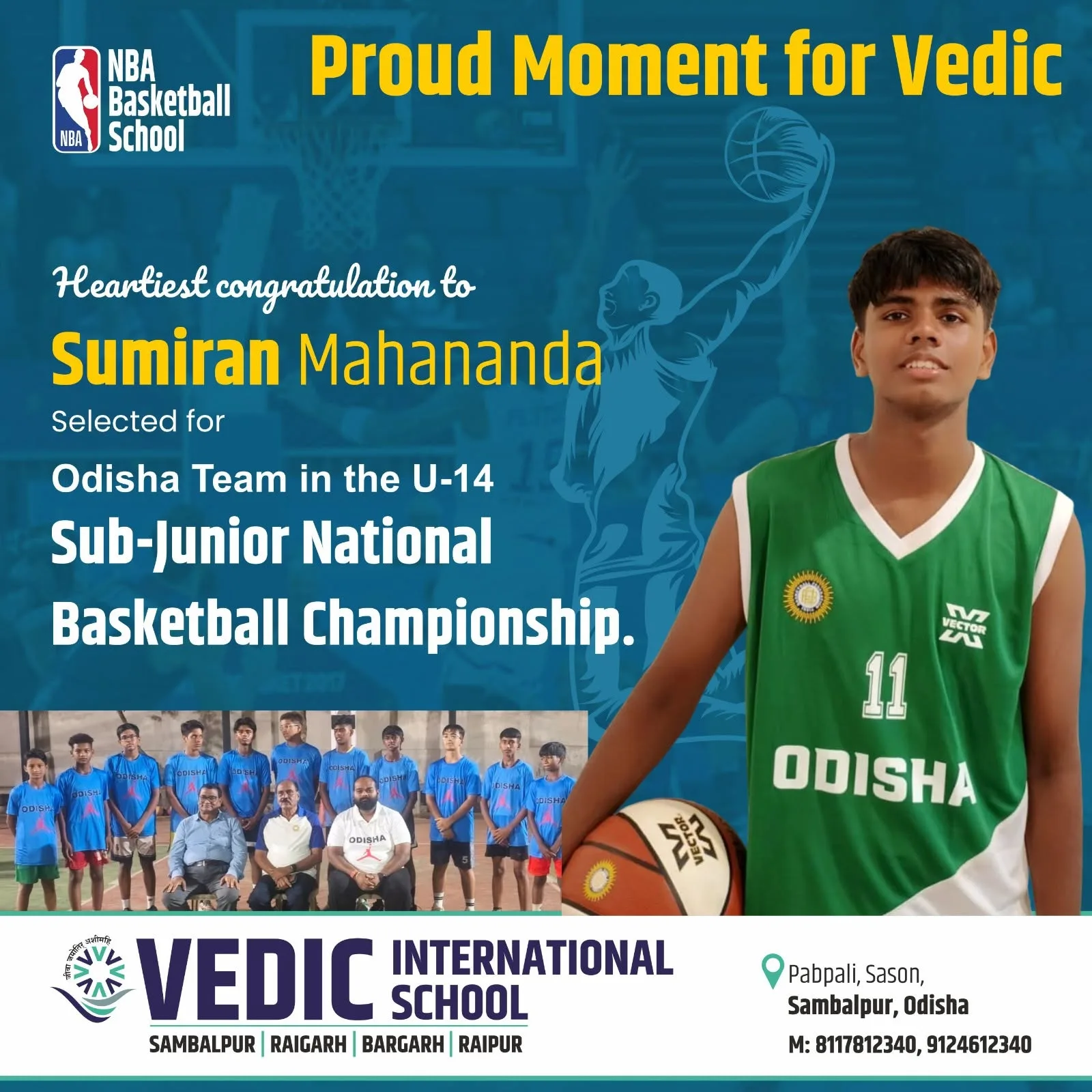 Heartiest congratulations to 𝐒𝐮𝐦𝐢𝐫𝐚𝐧 𝐌𝐚𝐡𝐚𝐧𝐚𝐧𝐝𝐚 on his remarkable achievement of being selected for the Odisha U-14 Sub-Junior National Basketball Championship Team. 🎉